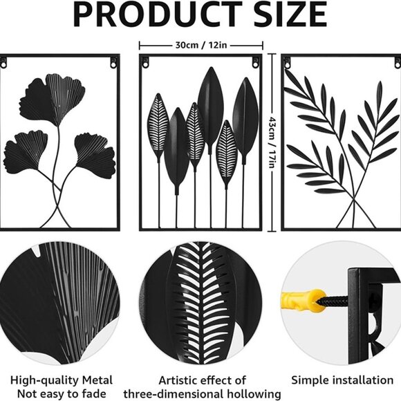 New 3pcs Black Wall Decor Metal Wall Art Modern Minimalist Metal Leaf Wall Decor - Picture 3 of 8